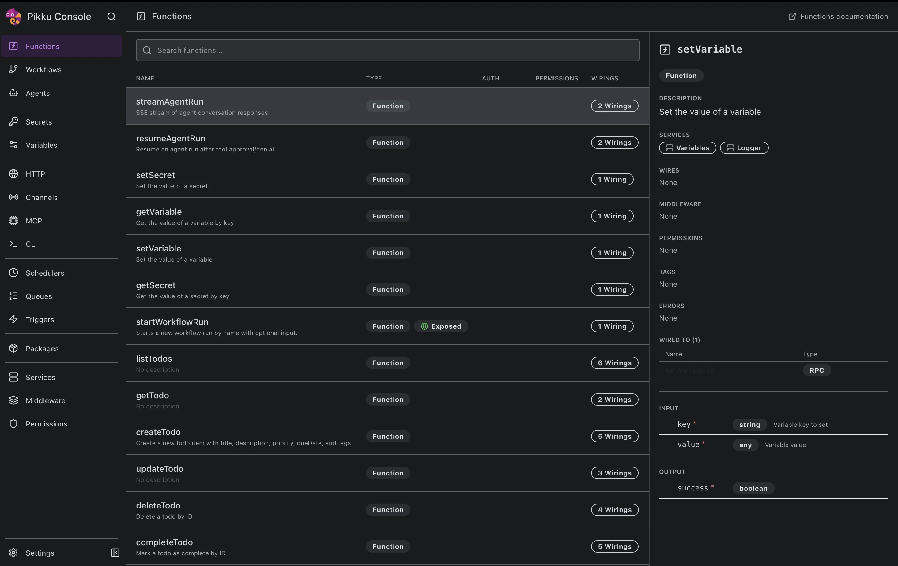 Pikku Console — browse and inspect all functions, wirings, and services